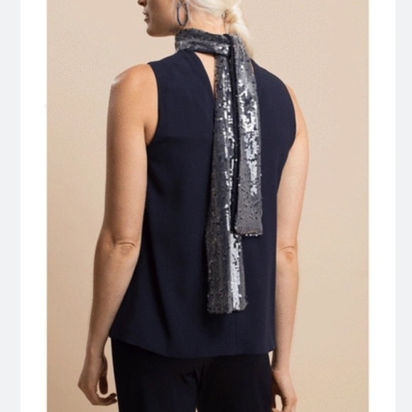 Galvan London Navy Sequin Cortado Top with Sequin Scarf in Back - Picture 3 of 15